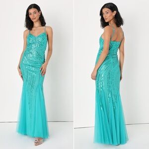 NWT | Lulus | Enchanted Nights Teal Blue Sequin Mermaid Maxi Dress | Sz M